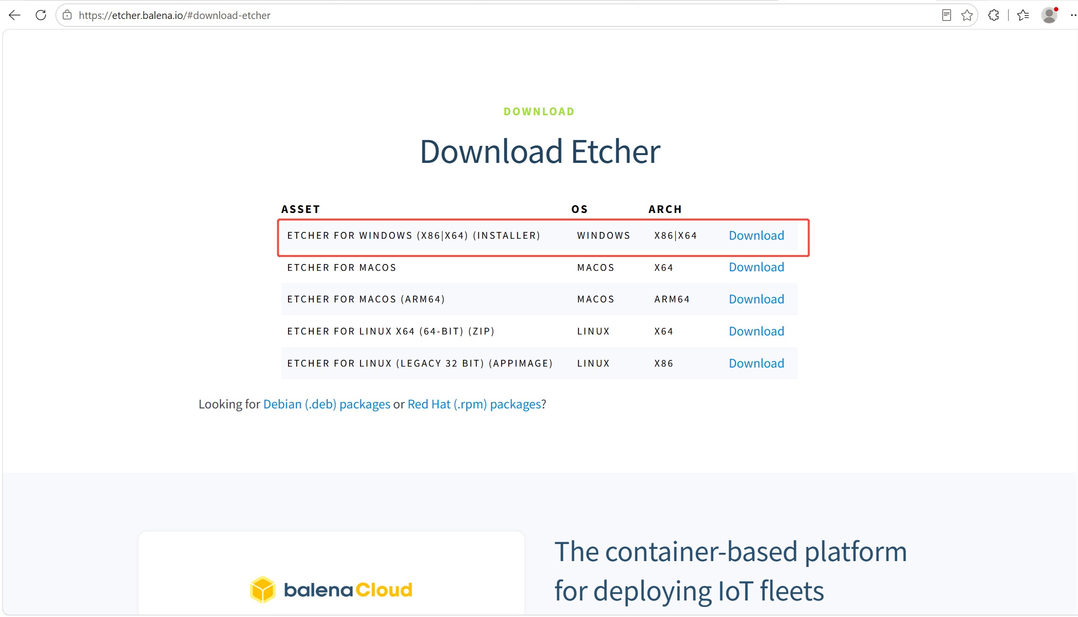 下载 balenaEtcher Windows 安装包